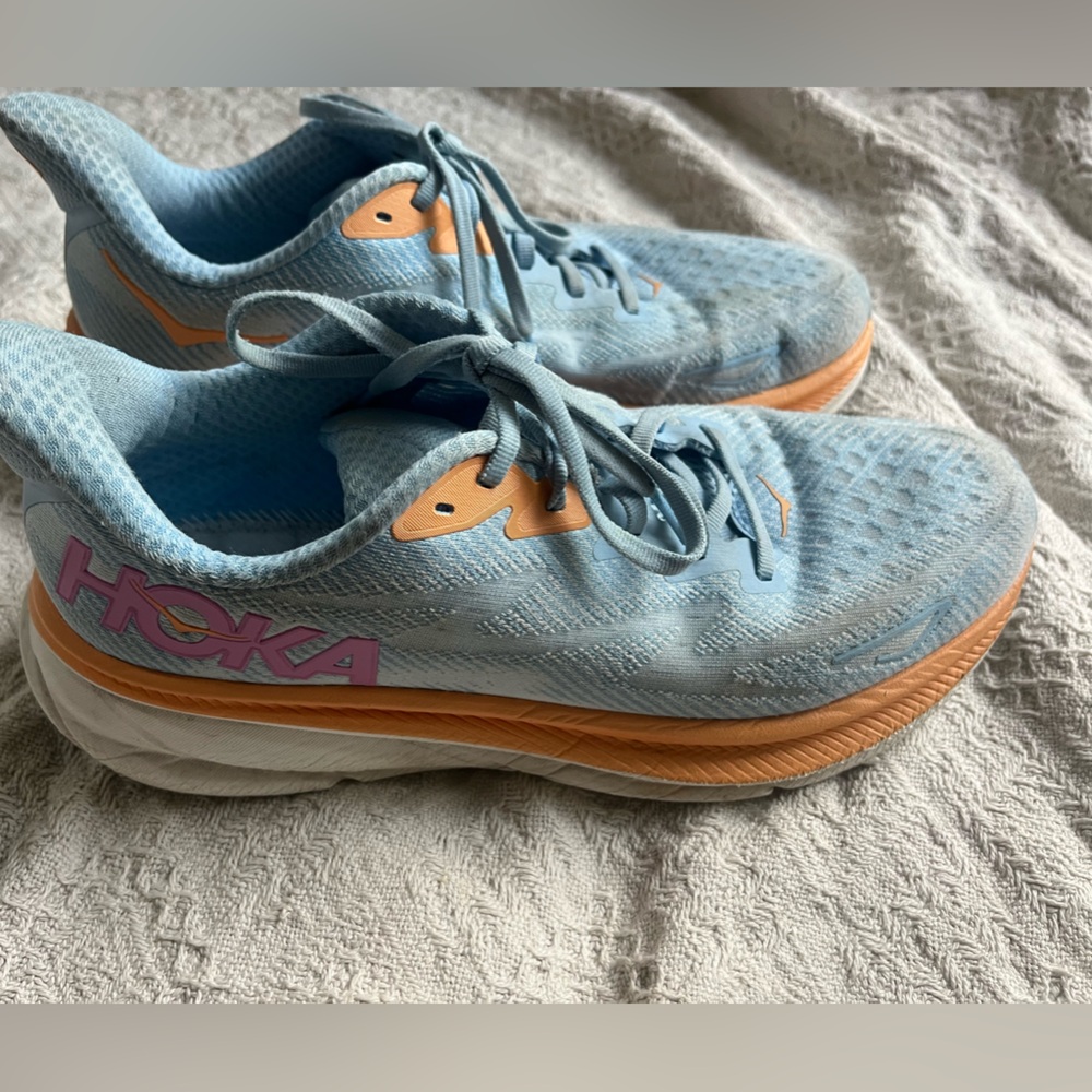 Hoka Athletic Shoes in Light Blue and Orange